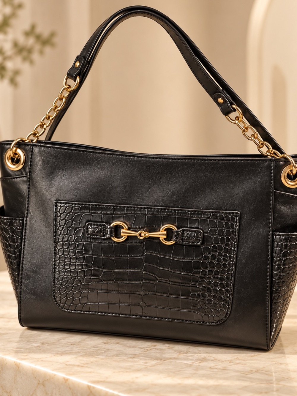 Carlos by Carlos Santana Black Croc Embossed Shoulder Bag Gold Hardware NWOT